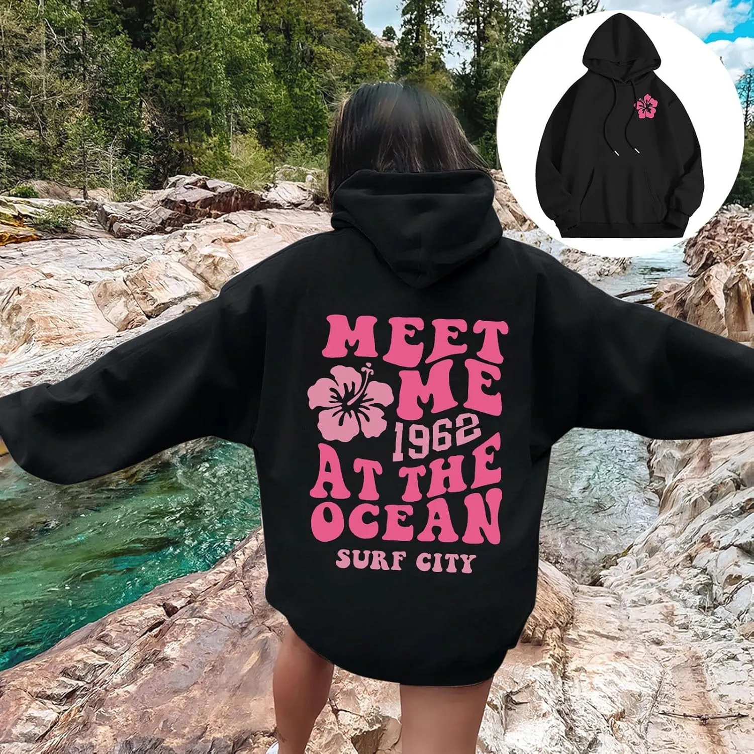 Pink Hoodie for Teen Girls Long Sleeve Preppy Casual Graphic Sweatshirts Drawstring Pullover Cute Oversized Hoodie