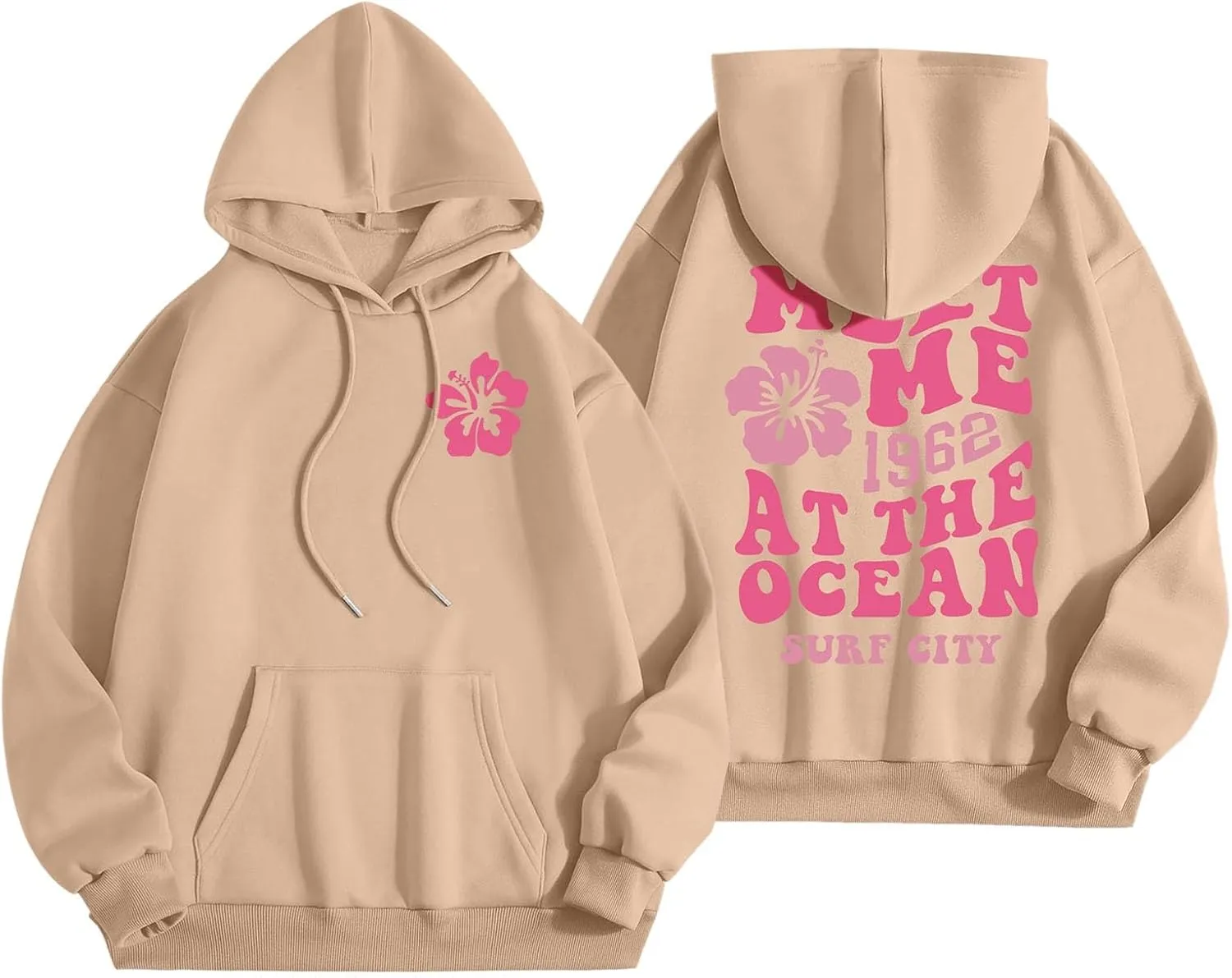 Pink Hoodie for Teen Girls Long Sleeve Preppy Casual Graphic Sweatshirts Drawstring Pullover Cute Oversized Hoodie