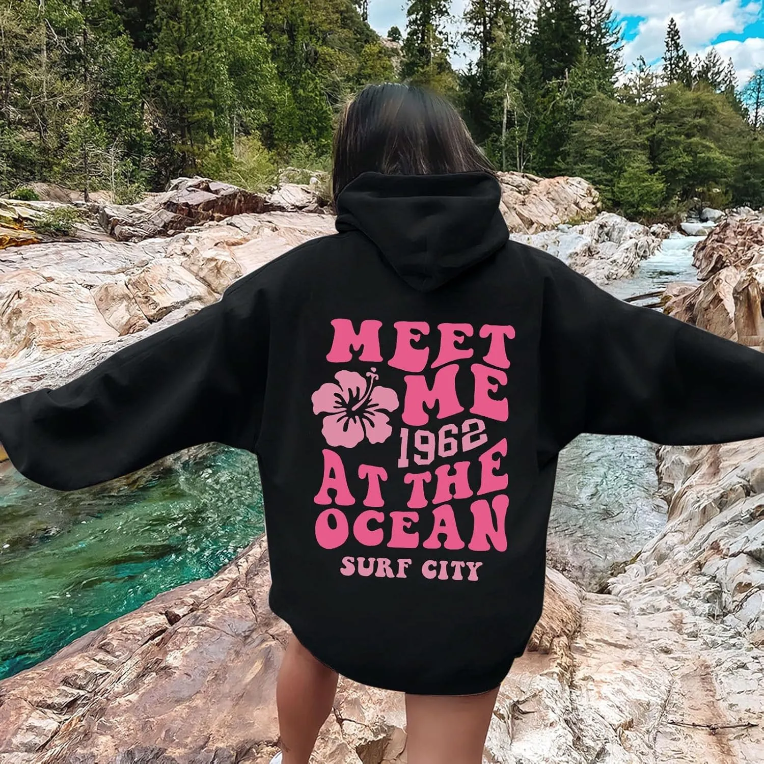 Pink Hoodie for Teen Girls Long Sleeve Preppy Casual Graphic Sweatshirts Drawstring Pullover Cute Oversized Hoodie