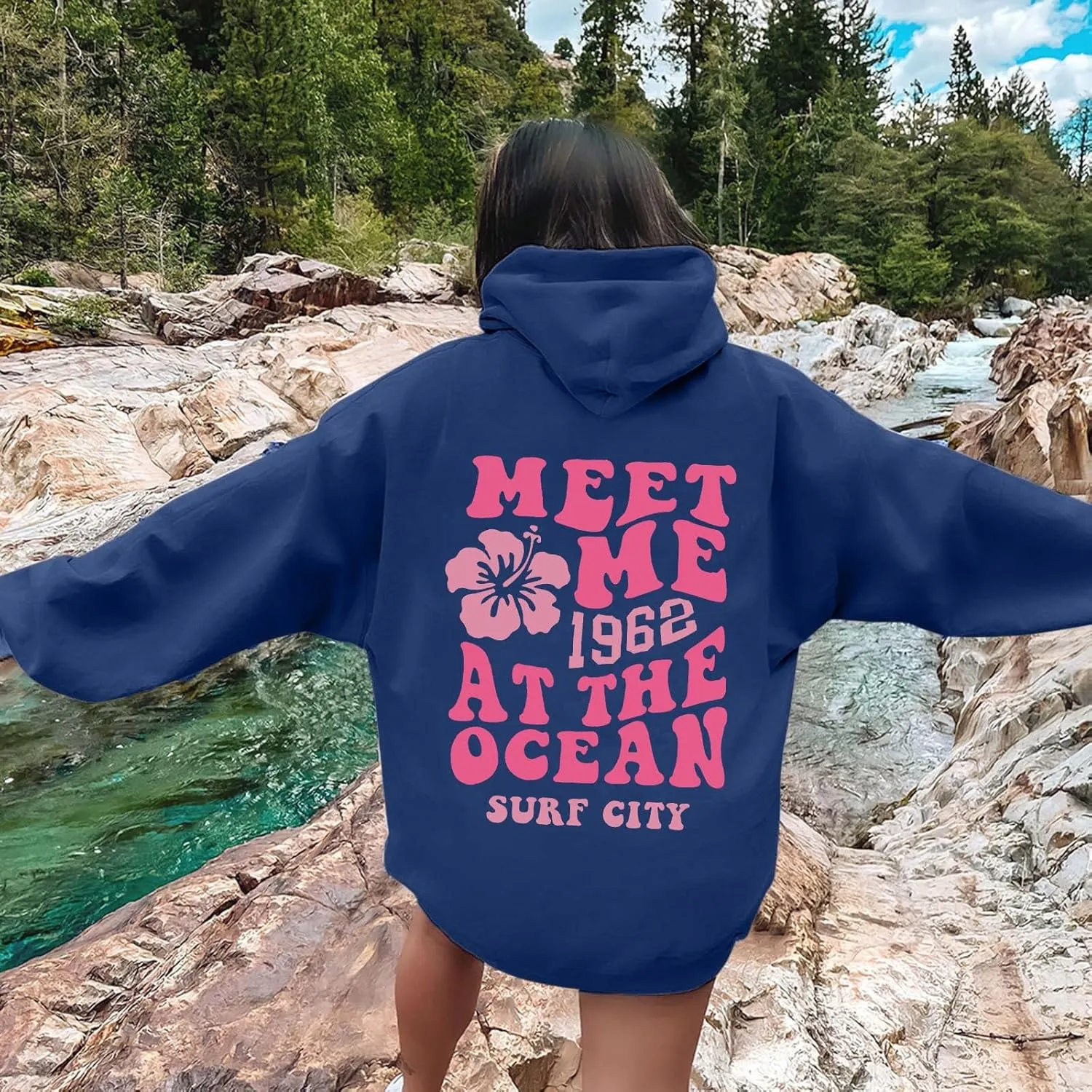 Pink Hoodie for Teen Girls Long Sleeve Preppy Casual Graphic Sweatshirts Drawstring Pullover Cute Oversized Hoodie