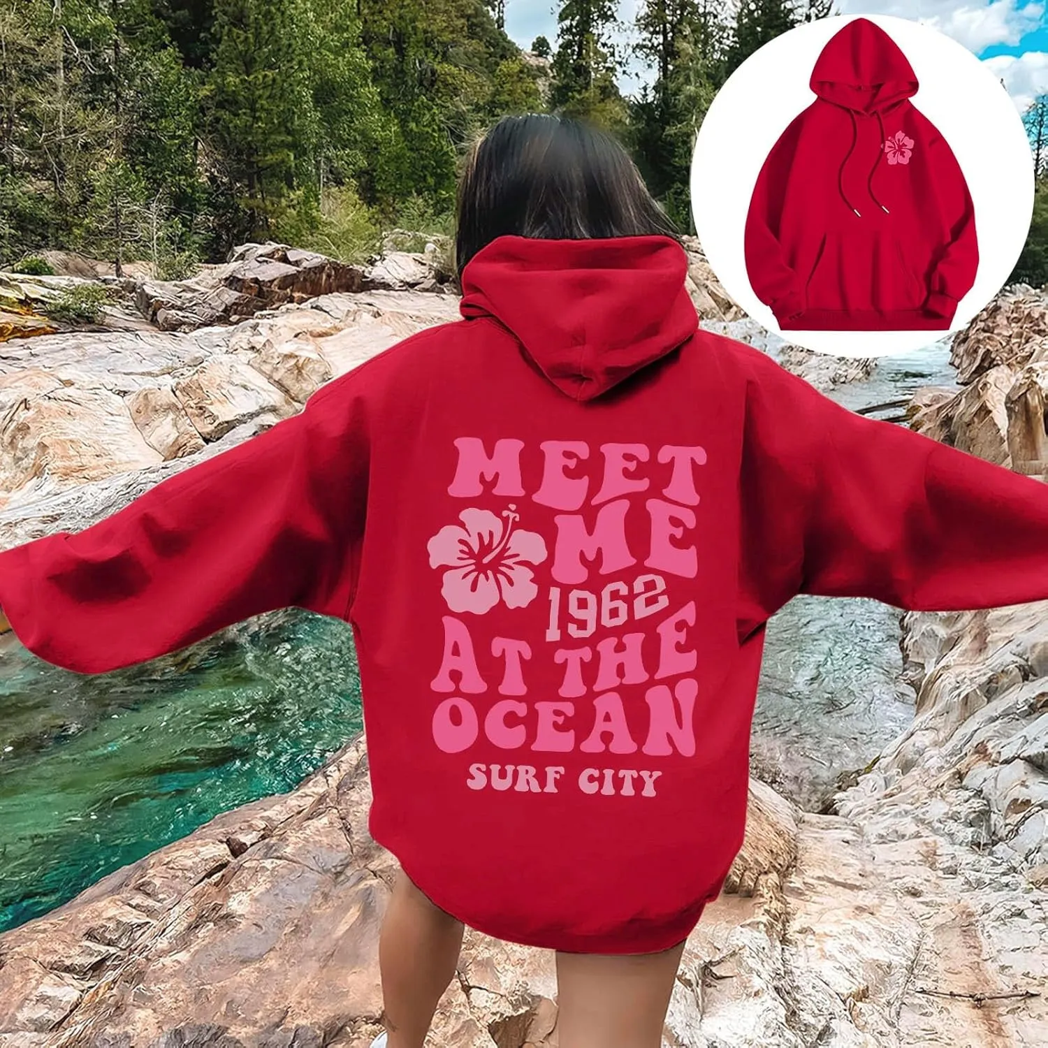Pink Hoodie for Teen Girls Long Sleeve Preppy Casual Graphic Sweatshirts Drawstring Pullover Cute Oversized Hoodie