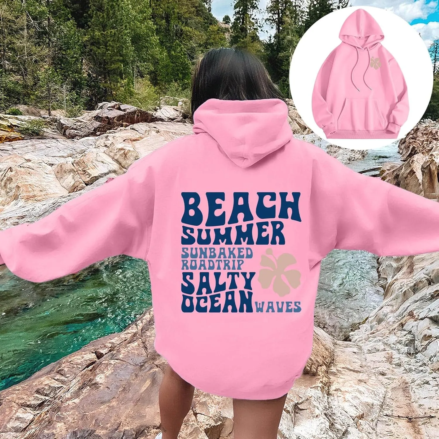 Pink Hoodie for Teen Girls Long Sleeve Preppy Casual Graphic Sweatshirts Drawstring Pullover Cute Oversized Hoodie
