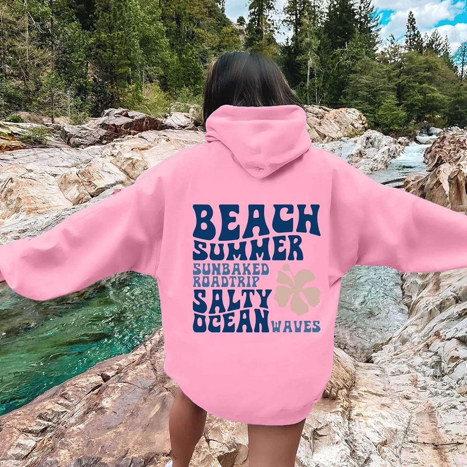 Pink Hoodie for Teen Girls Long Sleeve Preppy Casual Graphic Sweatshirts Drawstring Pullover Cute Oversized Hoodie