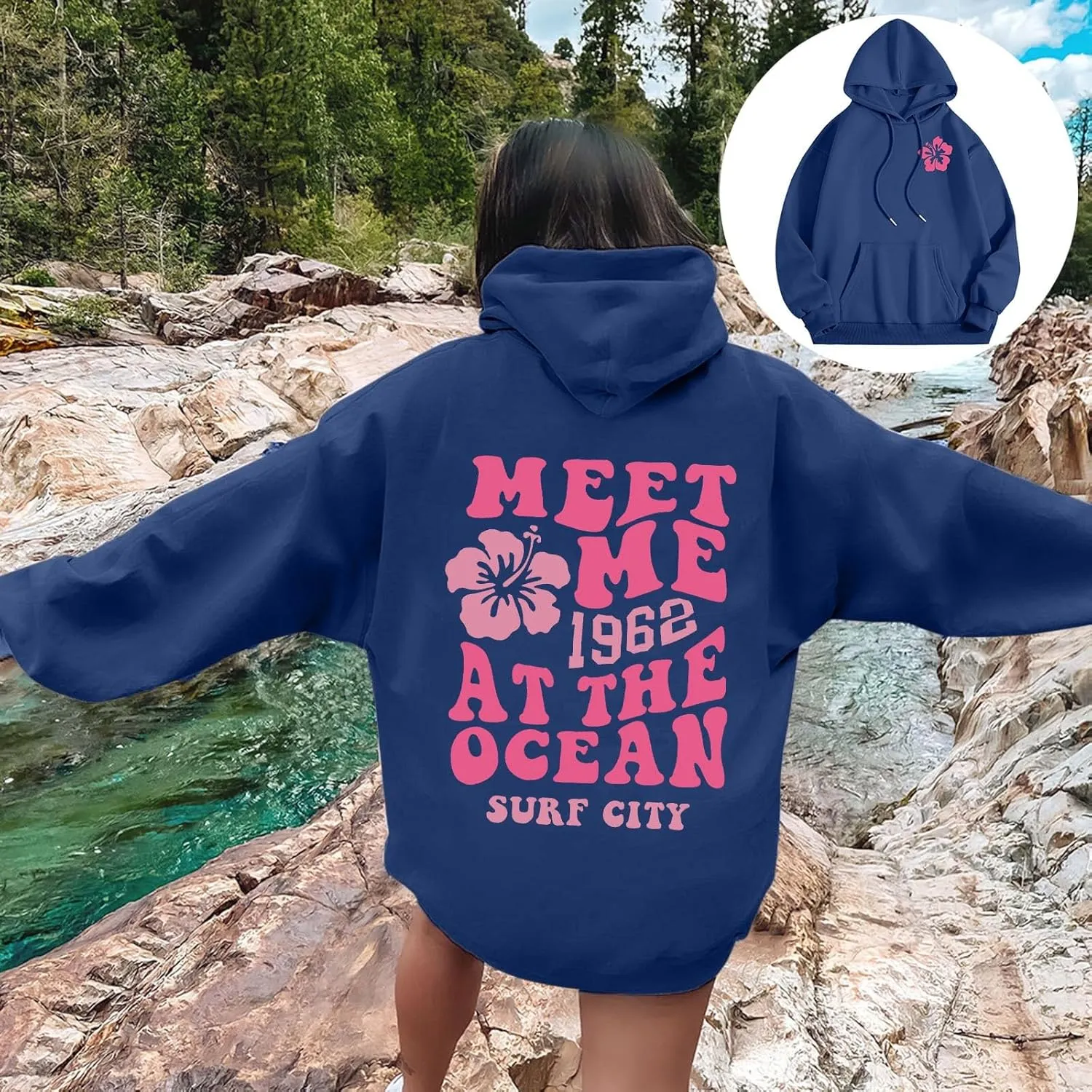 Pink Hoodie for Teen Girls Long Sleeve Preppy Casual Graphic Sweatshirts Drawstring Pullover Cute Oversized Hoodie