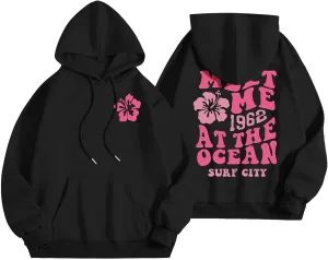 Pink Hoodie for Teen Girls Long Sleeve Preppy Casual Graphic Sweatshirts Drawstring Pullover Cute Oversized Hoodie