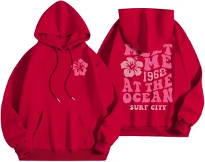 Pink Hoodie for Teen Girls Long Sleeve Preppy Casual Graphic Sweatshirts Drawstring Pullover Cute Oversized Hoodie