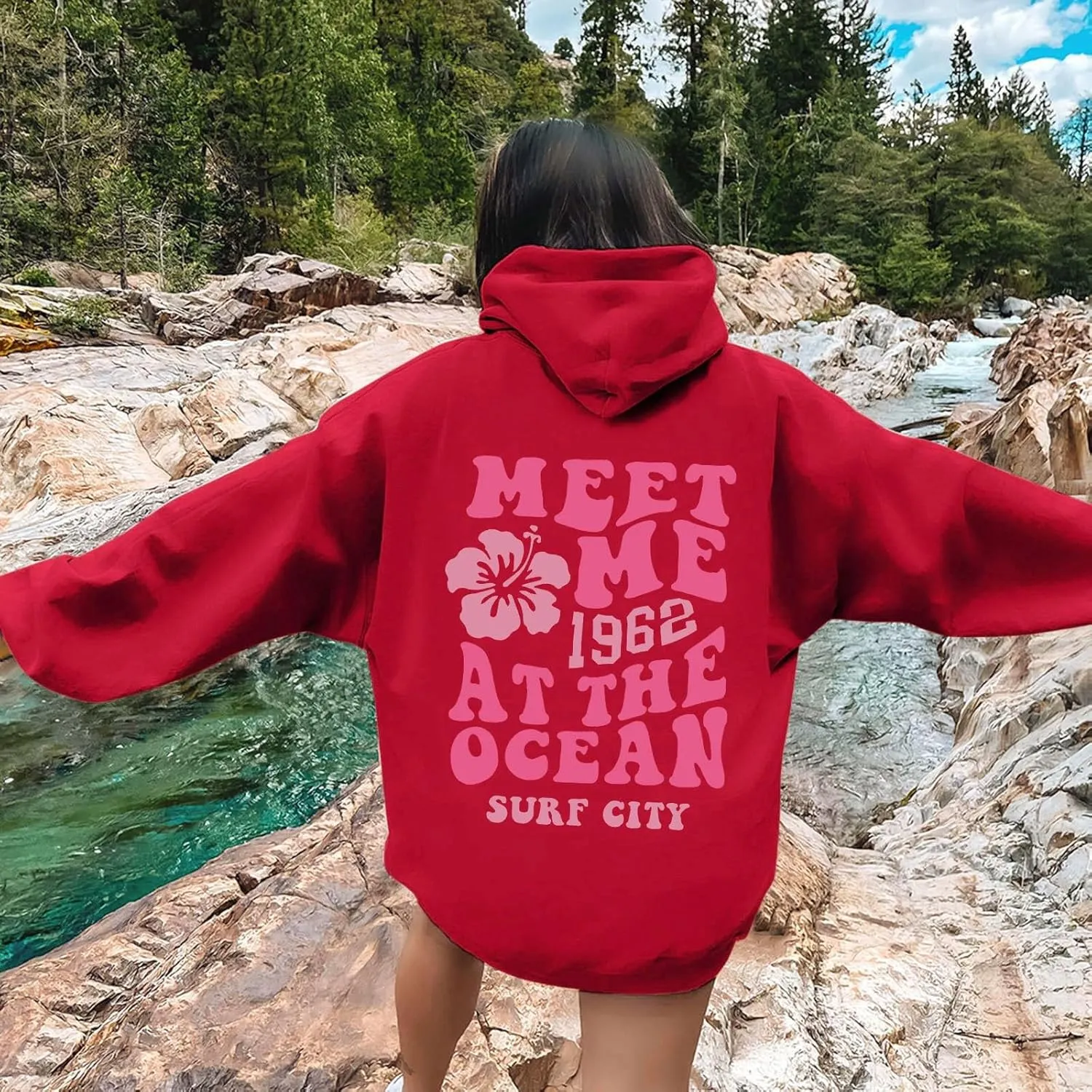 Pink Hoodie for Teen Girls Long Sleeve Preppy Casual Graphic Sweatshirts Drawstring Pullover Cute Oversized Hoodie