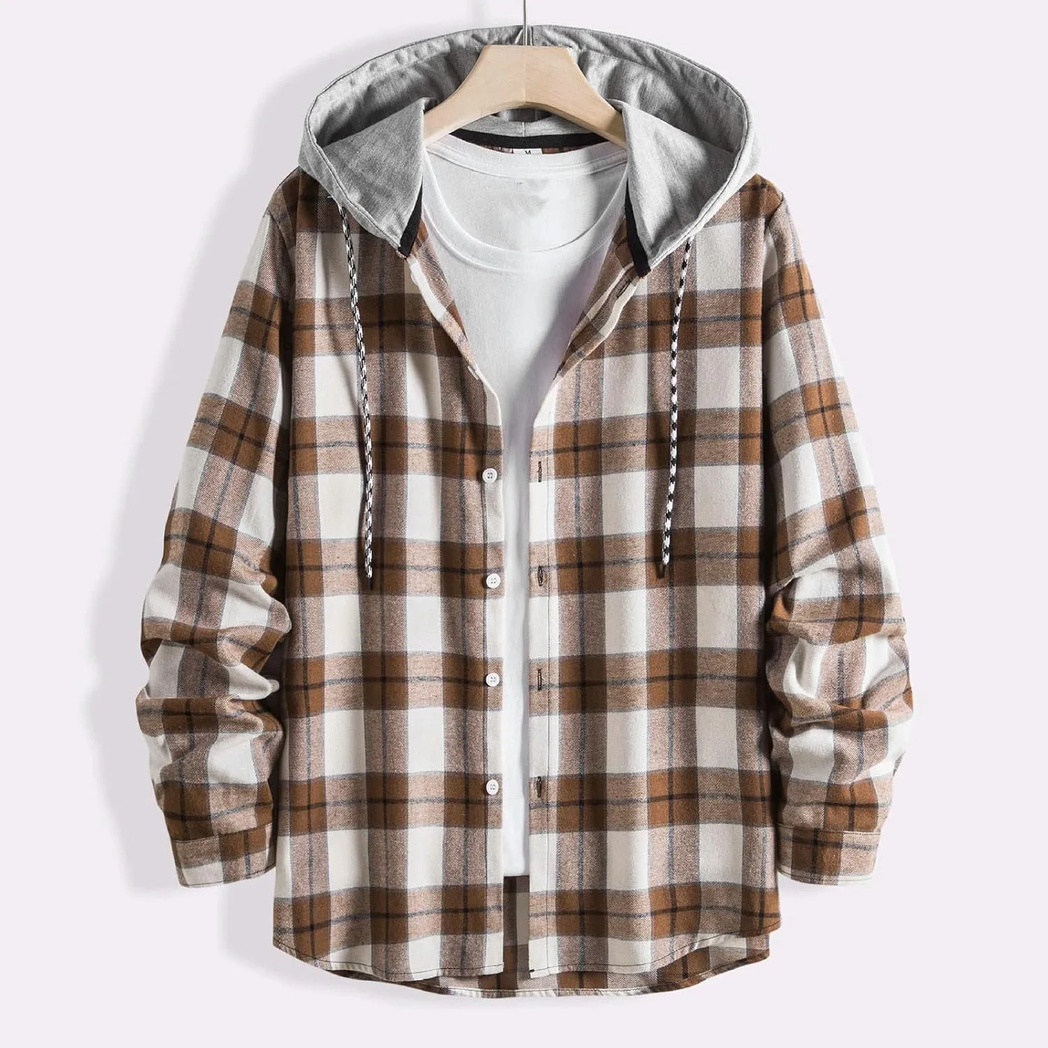 Plaid Hoodies Jackets for Men Relaxed Fit Zip Up Long Sleeve Lightweight Lined Button Down Padded Jackets Color Block