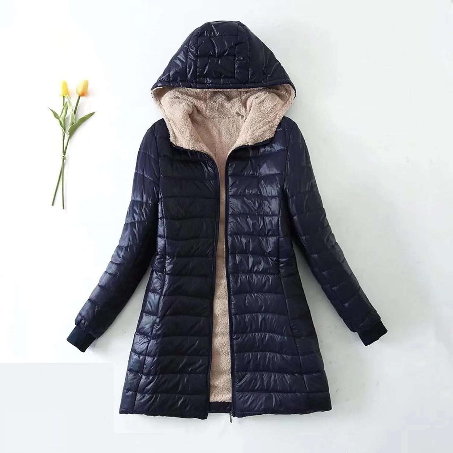 Plus Size Womens Long Puffer Jacket Sherpa Fleece Lined Cotton Down Coat Lightweight Quilted Winter Hooded Outwear