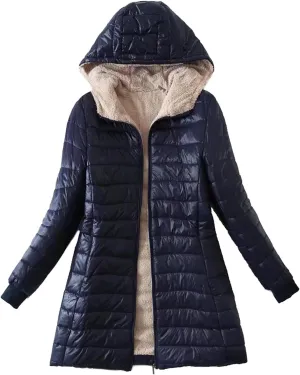 Plus Size Womens Long Puffer Jacket Sherpa Fleece Lined Cotton Down Coat Lightweight Quilted Winter Hooded Outwear