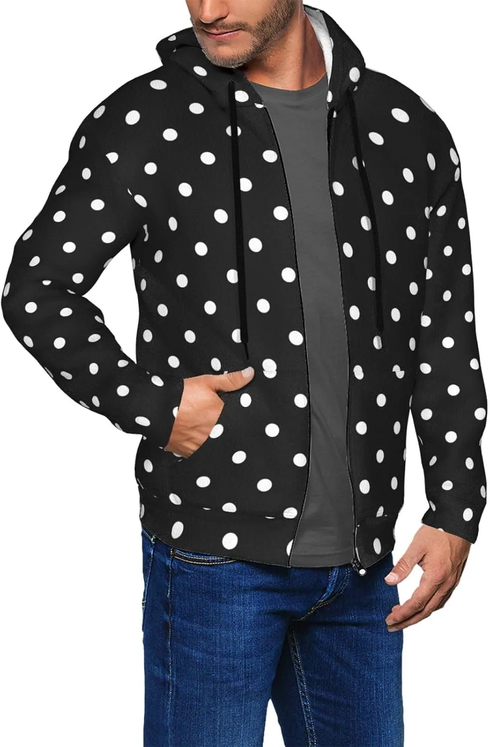 Polka Dot Black and White Simple Zip Up Hoodie Men, Full Zip Hooded Sweatshirts Men Cardigan Hoodie Coat