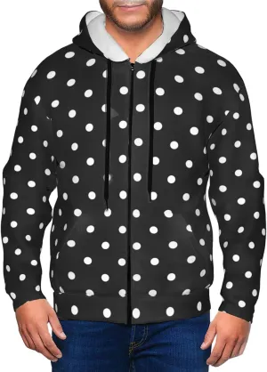 Polka Dot Black and White Simple Zip Up Hoodie Men, Full Zip Hooded Sweatshirts Men Cardigan Hoodie Coat