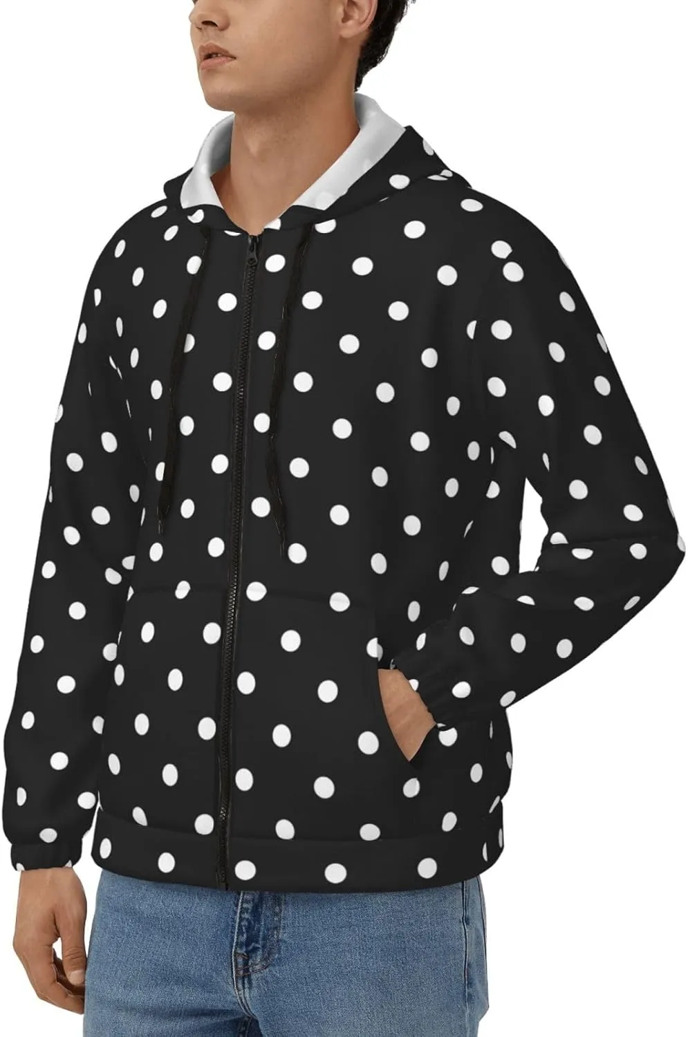 Polka Dot Black and White Simple Zip Up Hoodie Men, Full Zip Hooded Sweatshirts Men Cardigan Hoodie Coat