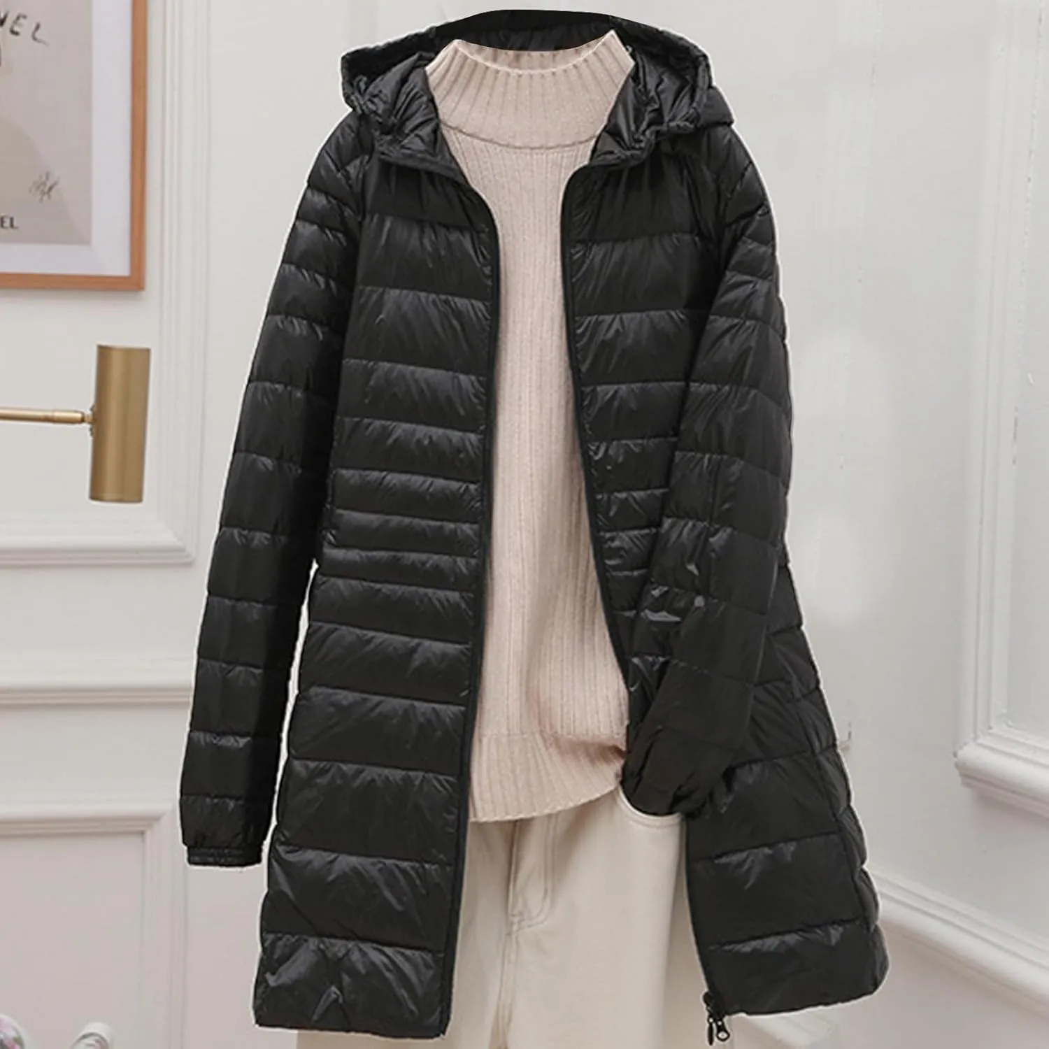 Puffer Jackets Women Lightweight Full Zipper Quilted Jacket Long Sleeve down Jackets Winter Outerwear with Hood