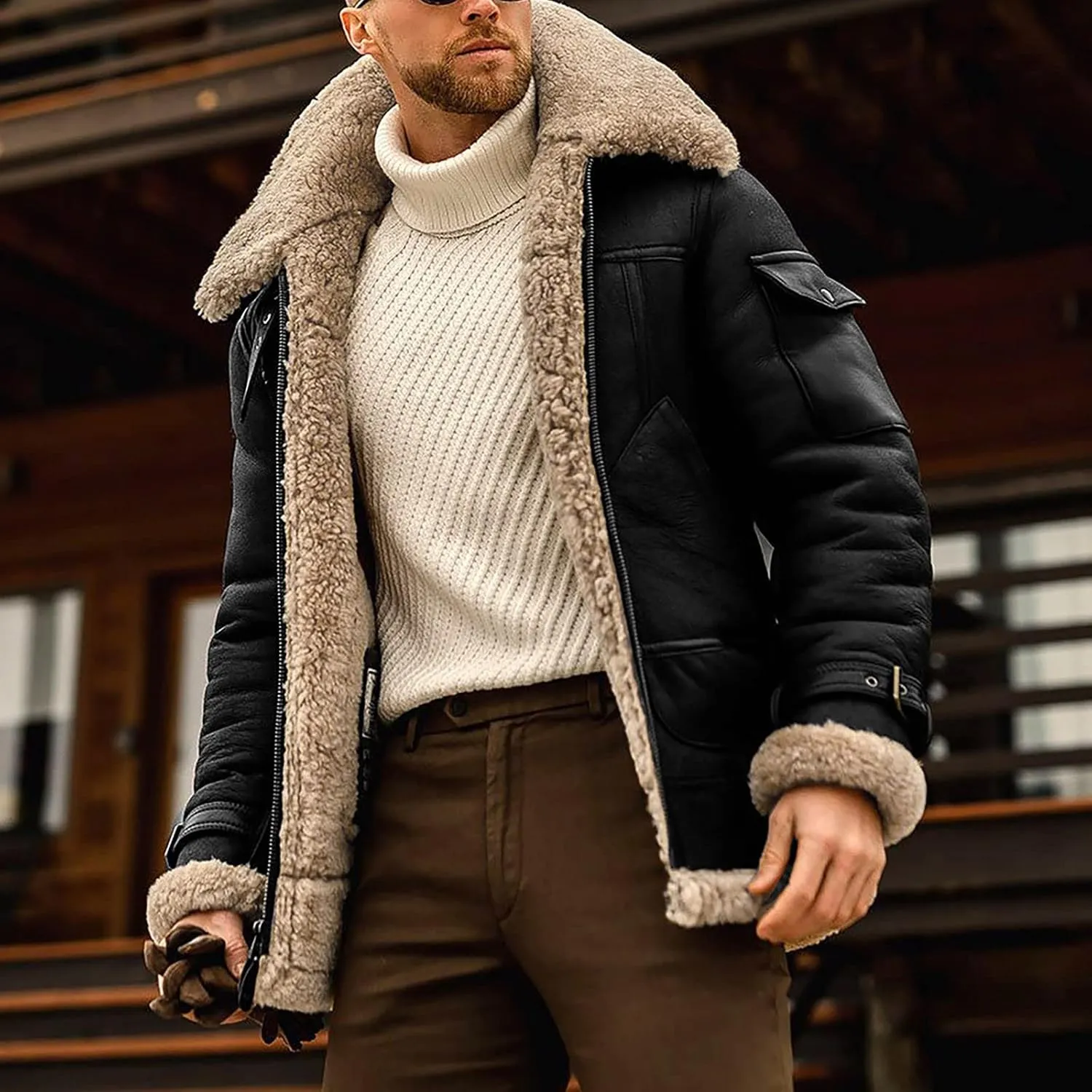 RTRDE Men's Winter Trench Coat Sherpa Lined Lapel Coat Long Jacket Outwear Coat Men, M-5XL
