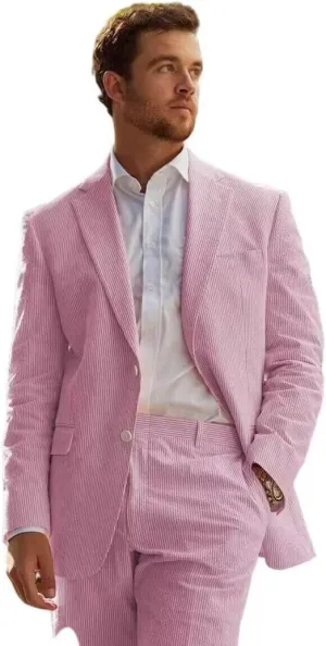 Seersucker Suit Mens Striped Casual Classic Fit 2 Piece Big and Tall Pink Suit for Men Summer Wedding