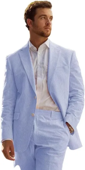 Seersucker Suit Mens Striped Casual Classic Fit 2 Piece Big and Tall Pink Suit for Men Summer Wedding