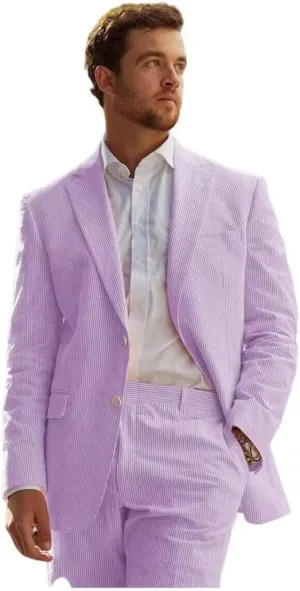 Seersucker Suit Mens Striped Casual Classic Fit 2 Piece Big and Tall Pink Suit for Men Summer Wedding