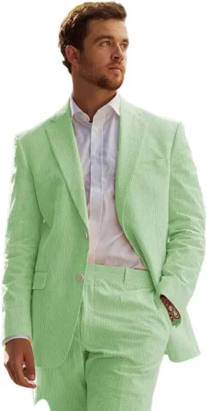 Seersucker Suit Mens Striped Casual Classic Fit 2 Piece Big and Tall Pink Suit for Men Summer Wedding