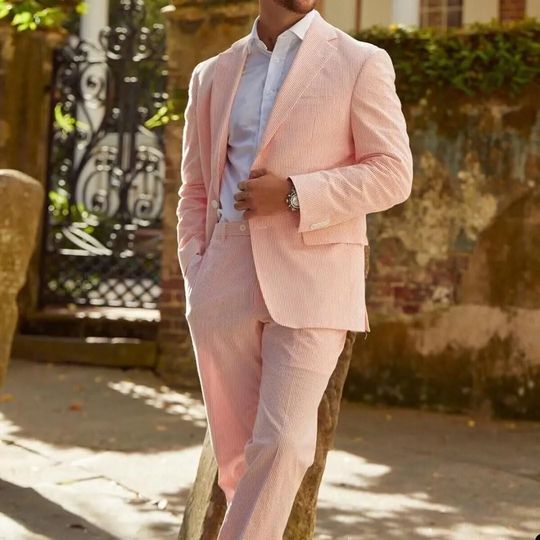 Seersucker Suit Mens Striped Casual Classic Fit 2 Piece Big and Tall Pink Suit for Men Summer Wedding
