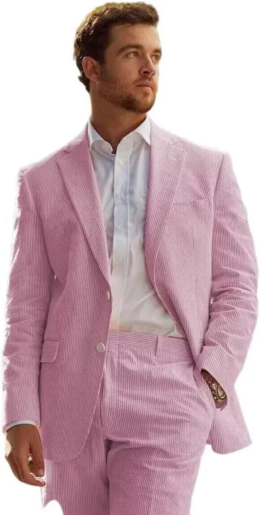 Seersucker Suit Mens Striped Casual Classic Fit 2 Piece Big and Tall Pink Suit for Men Summer Wedding