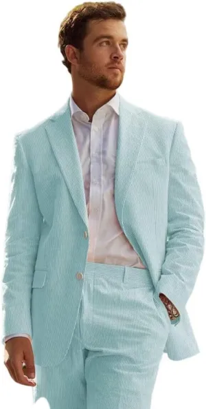 Seersucker Suit Mens Striped Casual Classic Fit 2 Piece Big and Tall Pink Suit for Men Summer Wedding