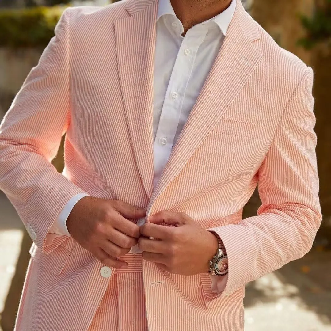 Seersucker Suit Mens Striped Casual Classic Fit 2 Piece Big and Tall Pink Suit for Men Summer Wedding