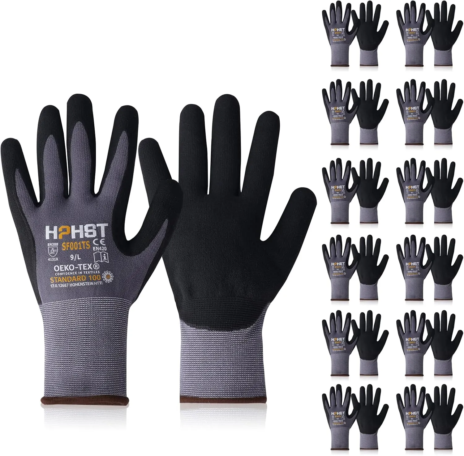 SF001 Work Gloves Comfort Stretch Fit, Power Grip, Smart Touch, Durable Foam Coated, 3Pairs & 12Pairs
