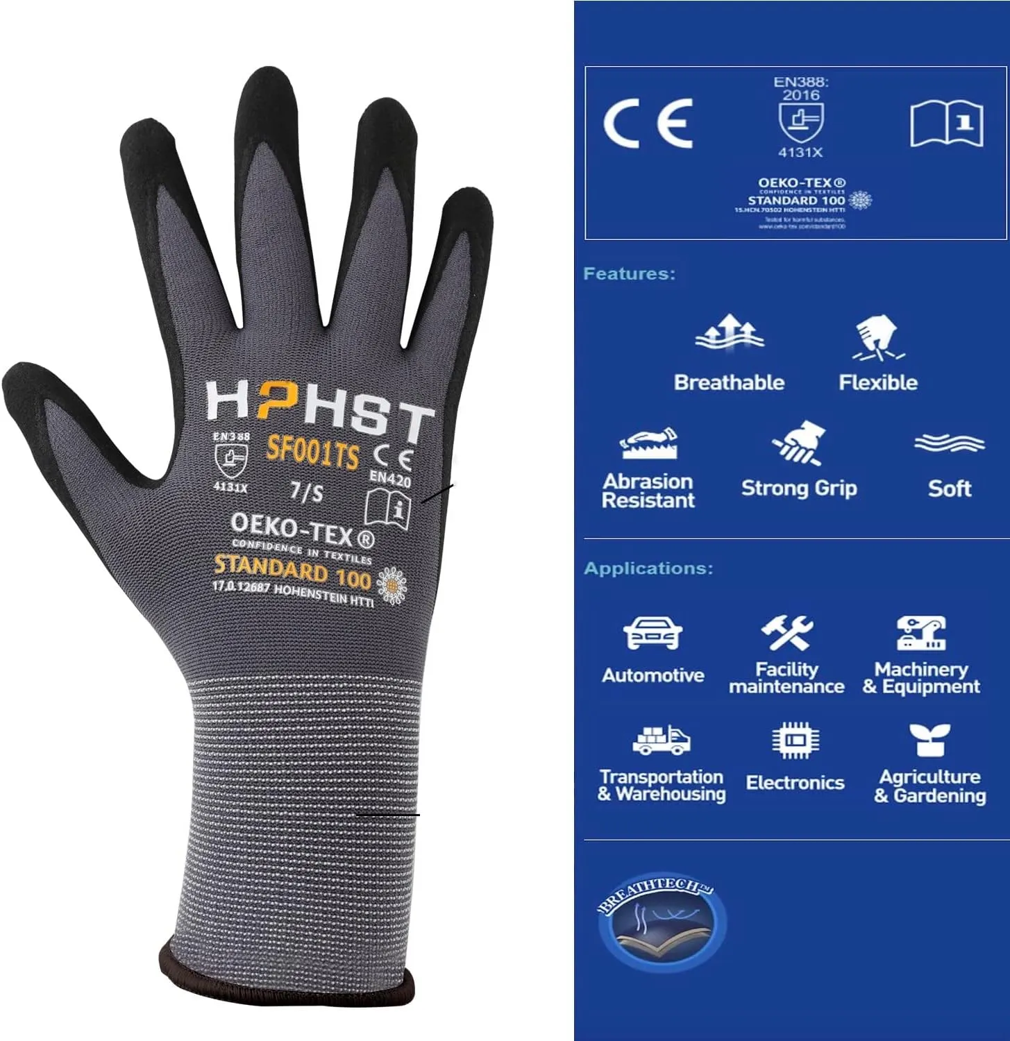 SF001 Work Gloves Comfort Stretch Fit, Power Grip, Smart Touch, Durable Foam Coated, 3Pairs & 12Pairs
