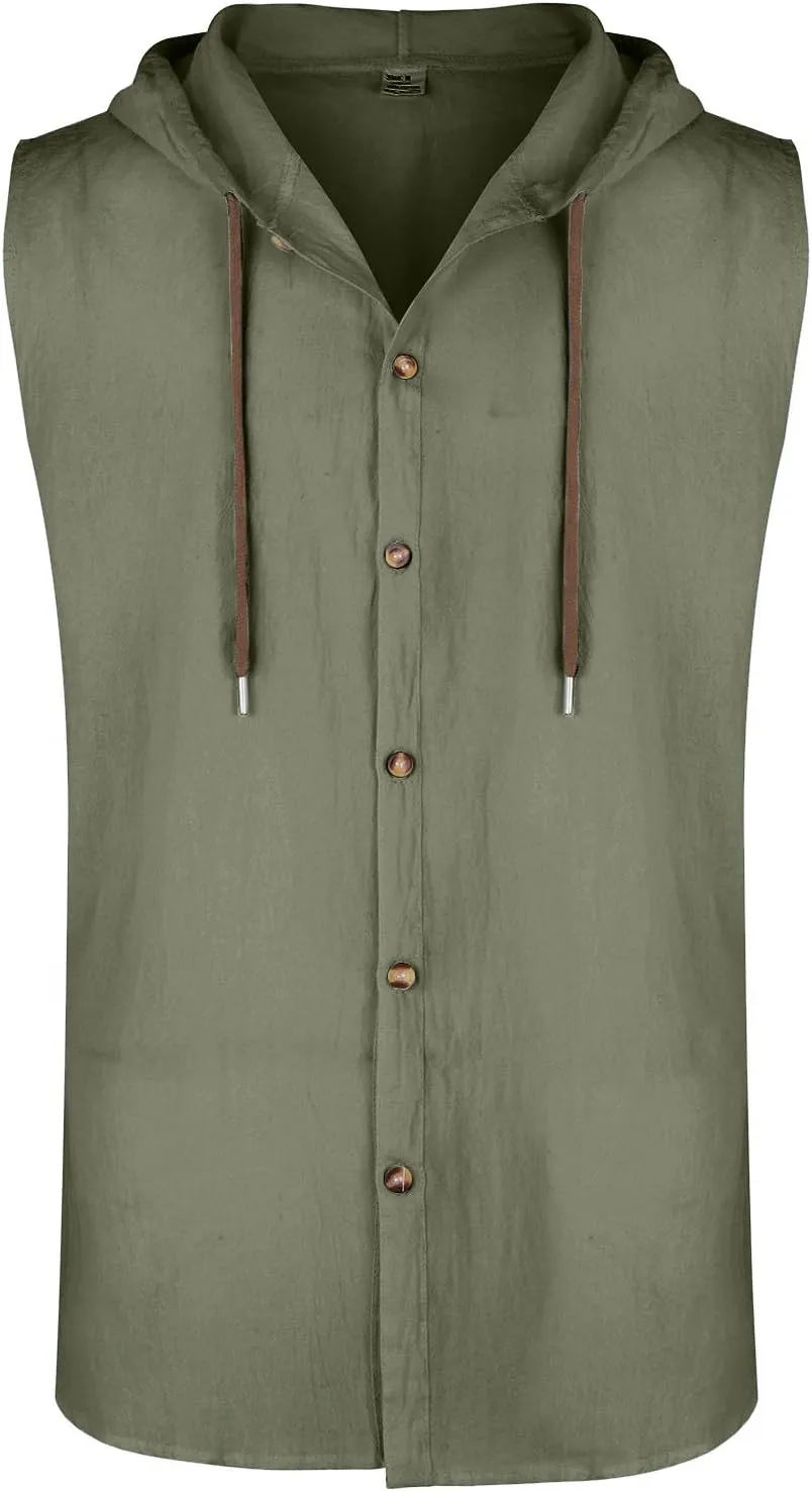 Sleeveless Hoodies for Men Cotton Linen Button Up Hooded Shirts Breathable Drawstring Summer Vacation Beach Tops
