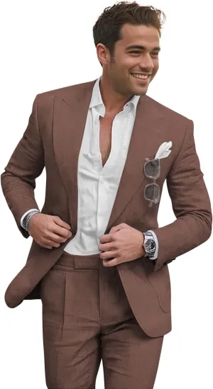 Summer Linen Suits Men's 2 Piece Suits Set Casual Slim Fit Wedding Beach Suit Seersucker Suits