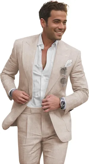 Summer Linen Suits Men's 2 Piece Suits Set Casual Slim Fit Wedding Beach Suit Seersucker Suits