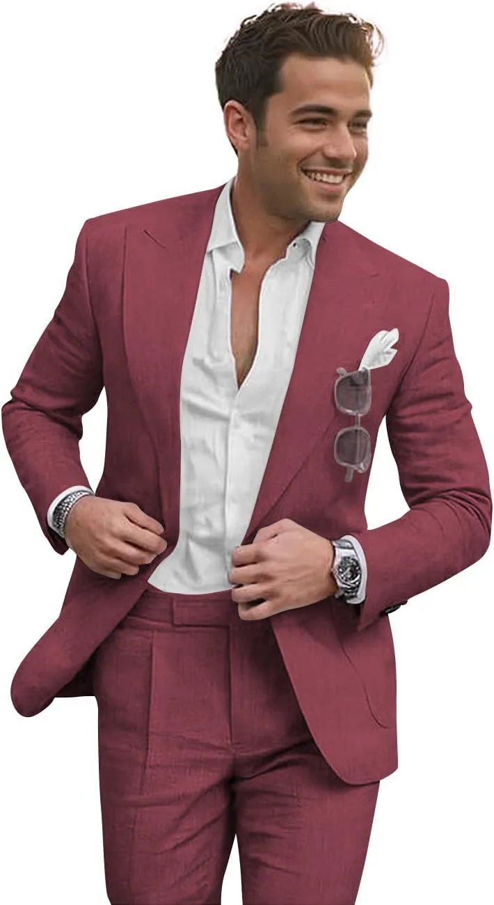 Summer Linen Suits Men's 2 Piece Suits Set Casual Slim Fit Wedding Beach Suit Seersucker Suits