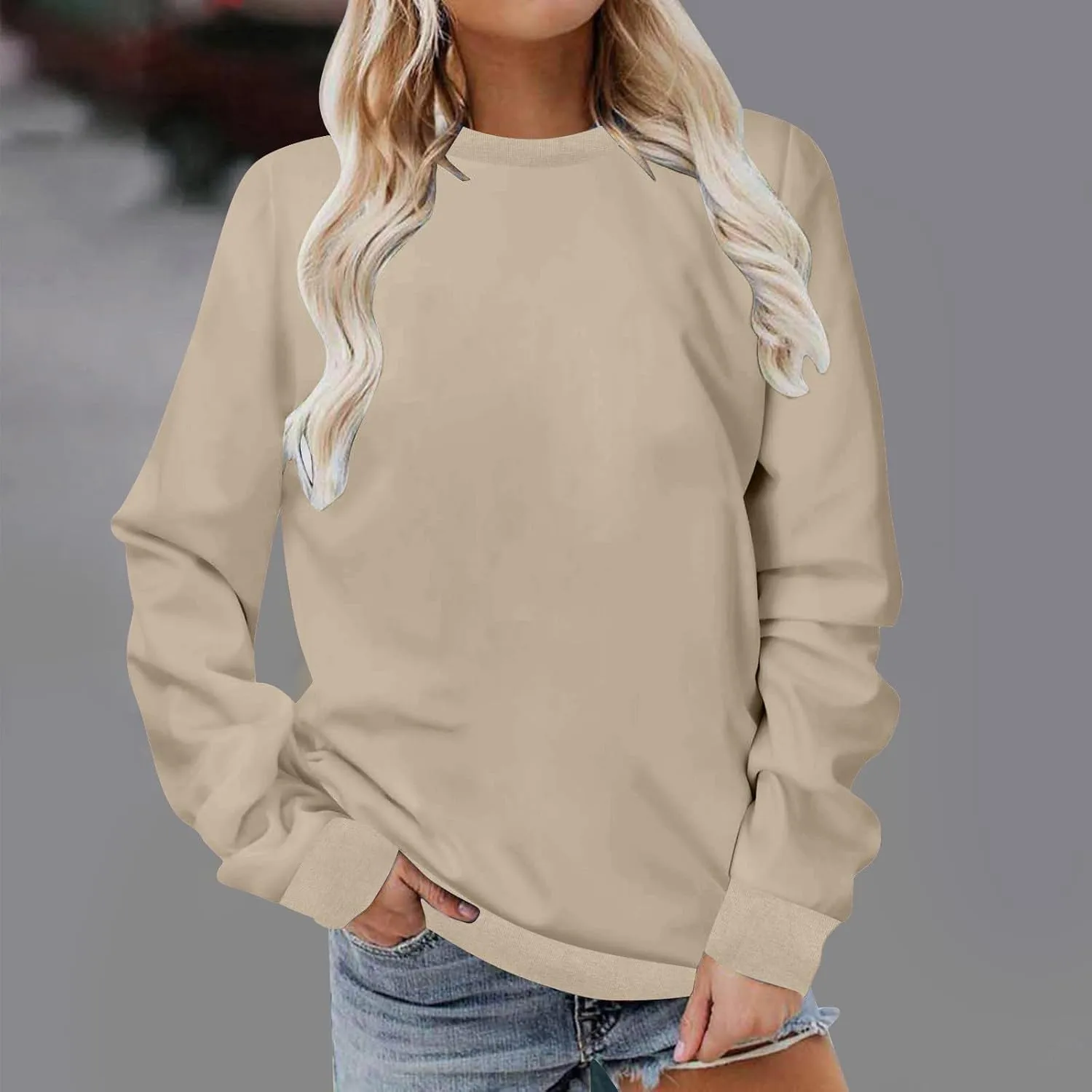 Sweatshirt for Women Long Sleeve Simple Solid Color Hoodies Sweatshirts Casual Loose Trendy Pullover