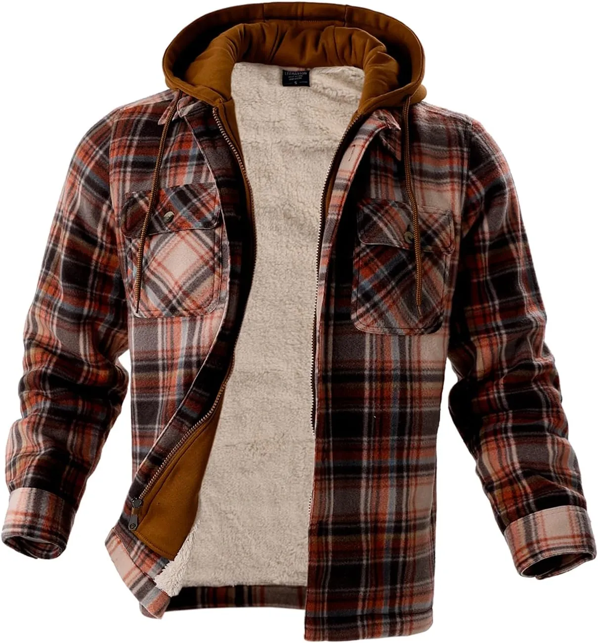 TanBridge Men's Cotton Plaid Shirts Jacket Full Zip Fleece Flannel Sherpa Lined Hoodies Heavyweight Hoodies Jacket for Men