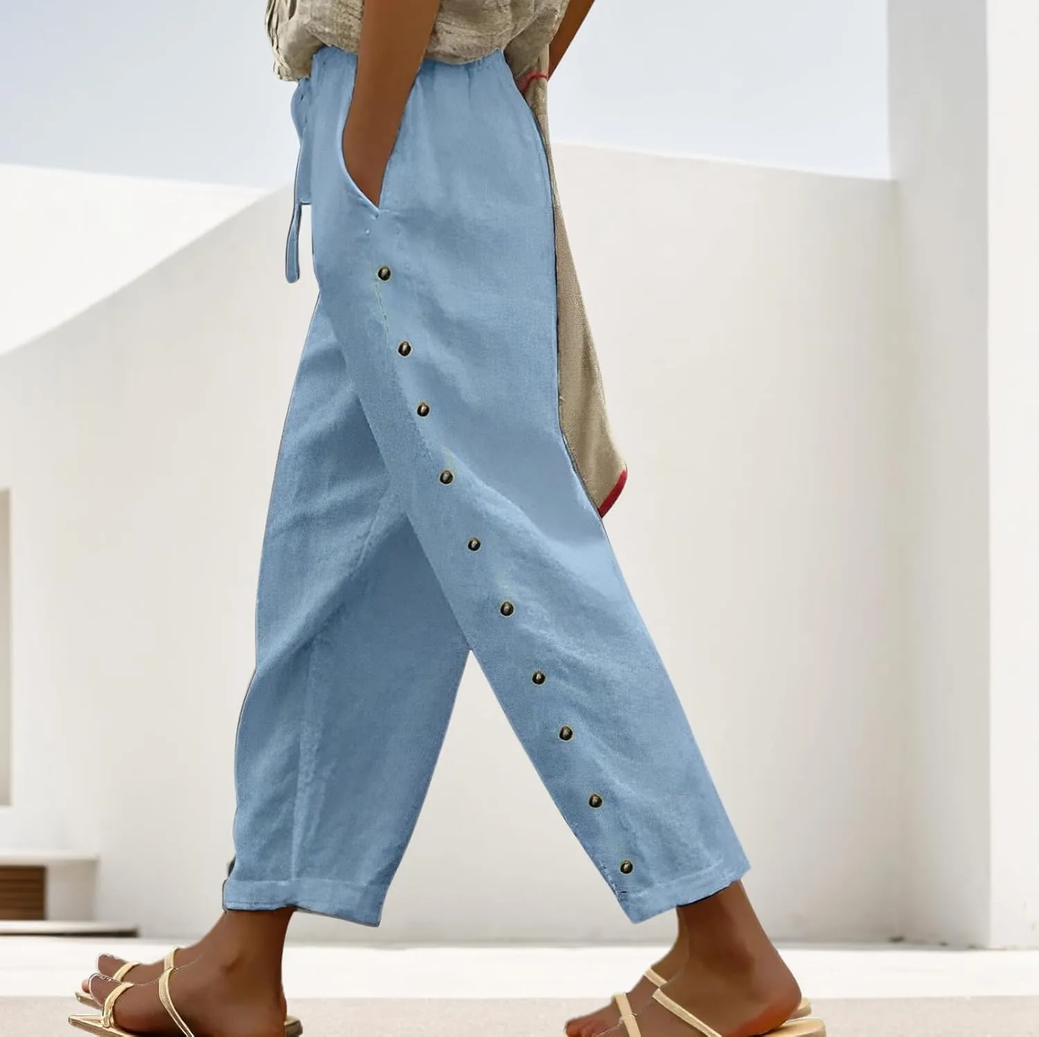 TIAFORD Women's Summer Casual Linen Pants Elastic Waist Relaxed Fit Straight Leg Crop Pants Beach Trousers with Pockets