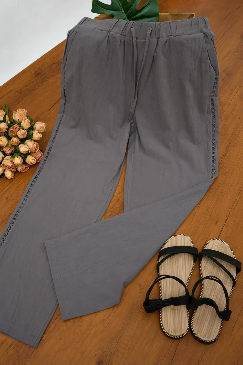 TIAFORD Women's Summer Casual Linen Pants Elastic Waist Relaxed Fit Straight Leg Crop Pants Beach Trousers with Pockets