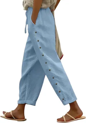 TIAFORD Women's Summer Casual Linen Pants Elastic Waist Relaxed Fit Straight Leg Crop Pants Beach Trousers with Pockets