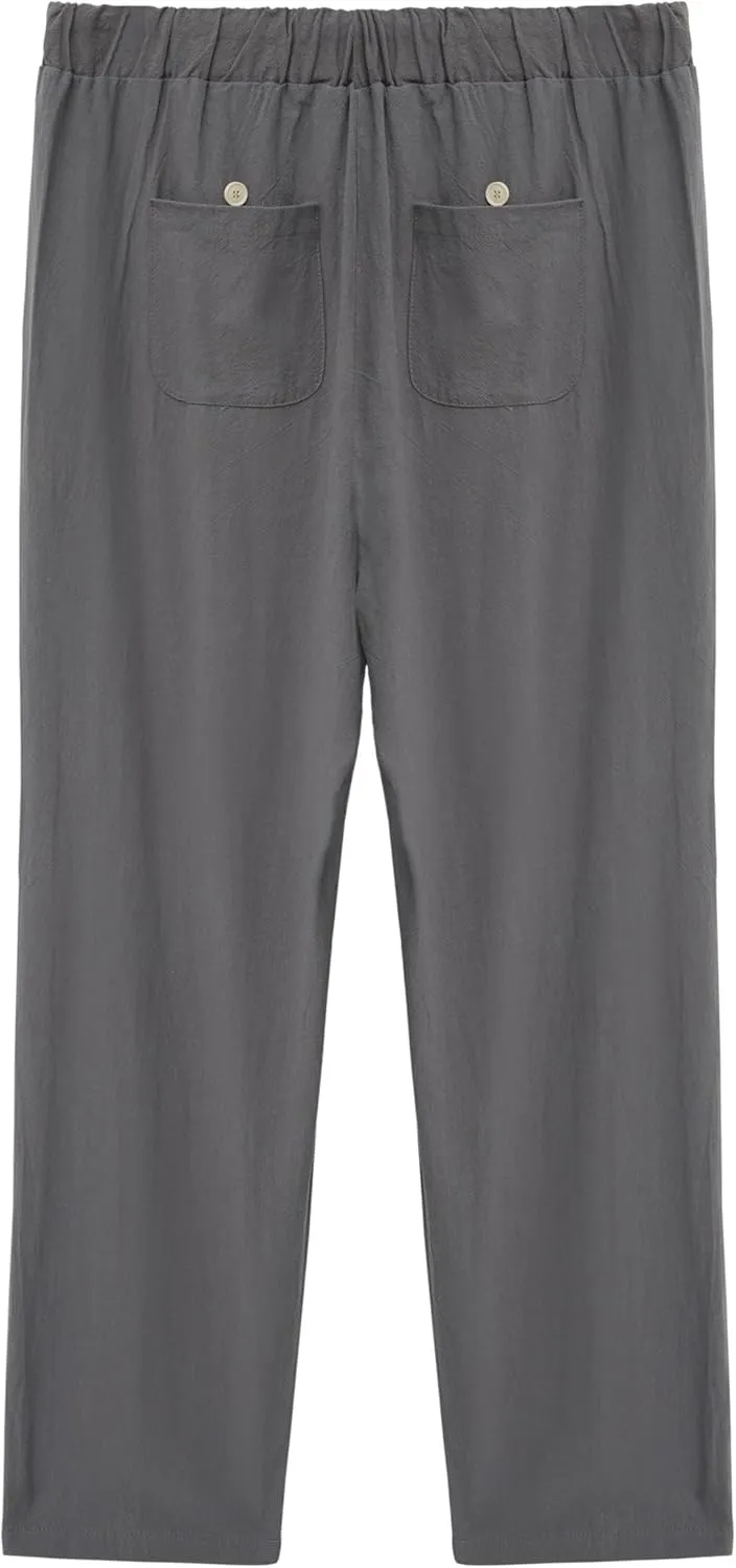 TIAFORD Women's Summer Casual Linen Pants Elastic Waist Relaxed Fit Straight Leg Crop Pants Beach Trousers with Pockets
