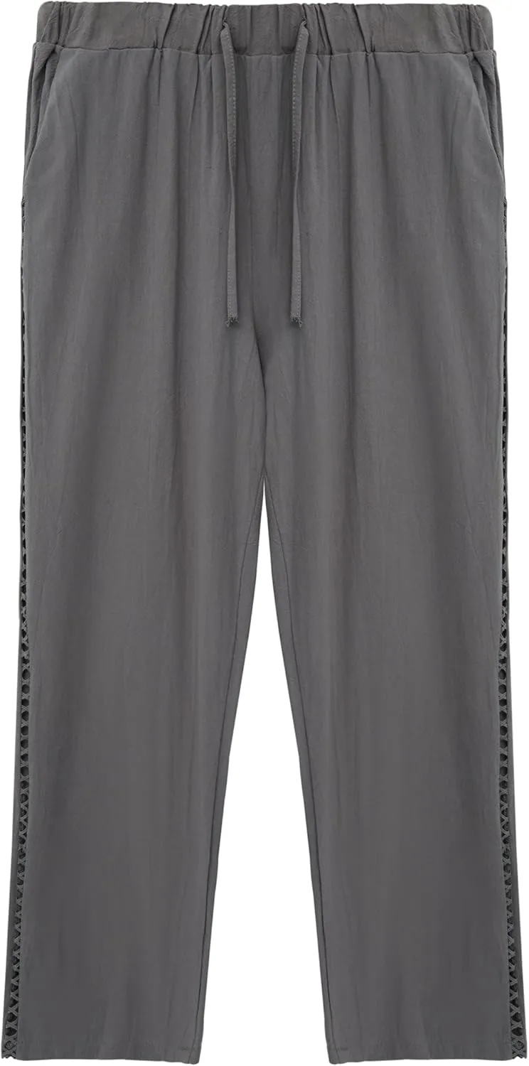 TIAFORD Women's Summer Casual Linen Pants Elastic Waist Relaxed Fit Straight Leg Crop Pants Beach Trousers with Pockets