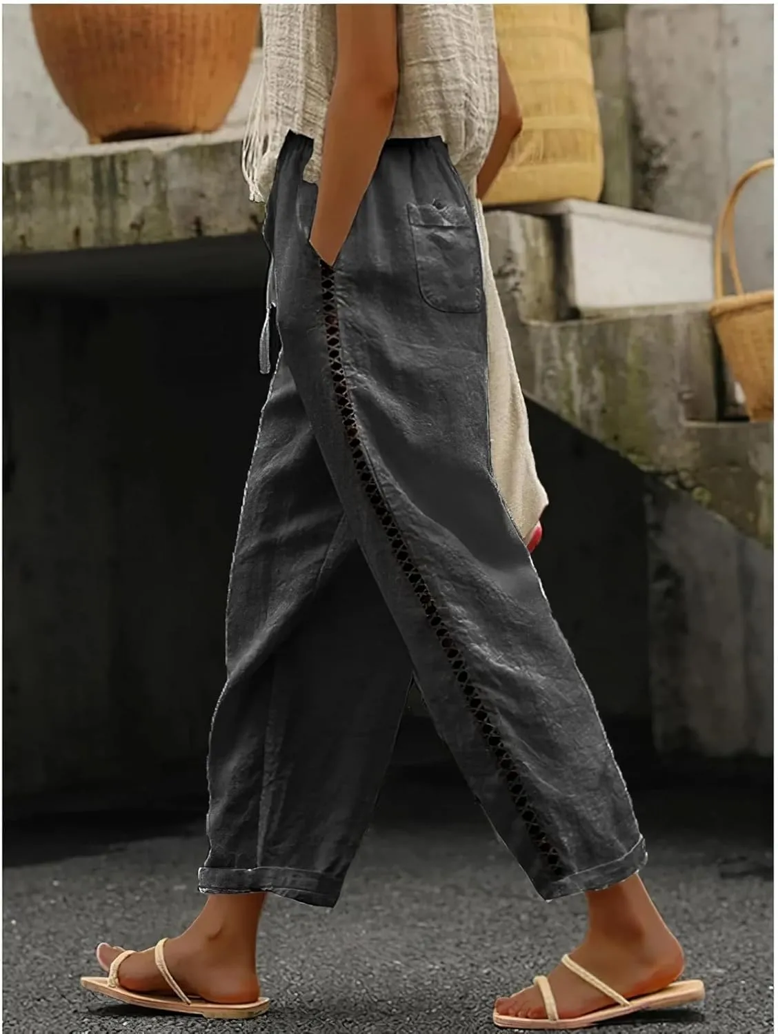 TIAFORD Women's Summer Casual Linen Pants Elastic Waist Relaxed Fit Straight Leg Crop Pants Beach Trousers with Pockets