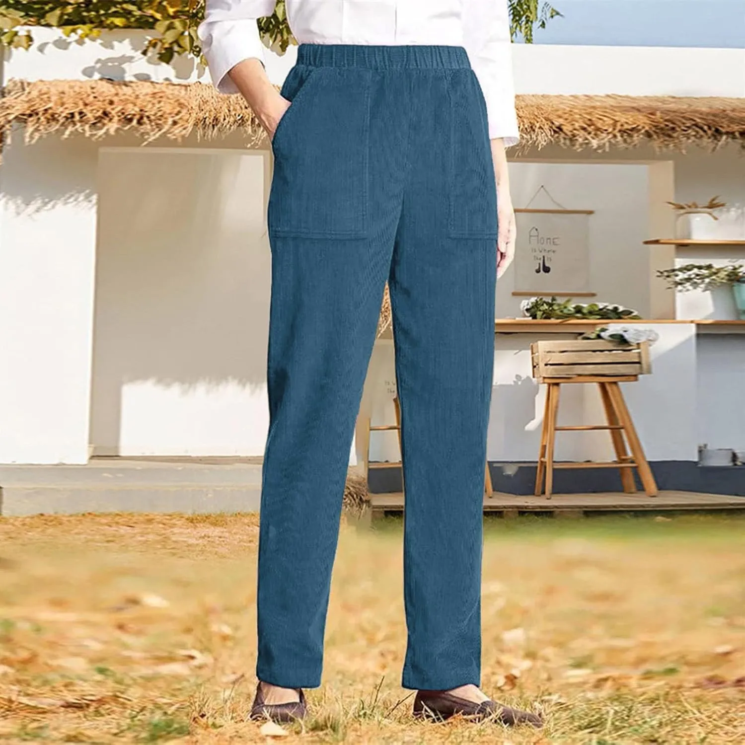 Travel Pants for Women,Women's Casual Solid Colour Elastic Waist Straight Casual Pants with Pockets Business Casual Trousers