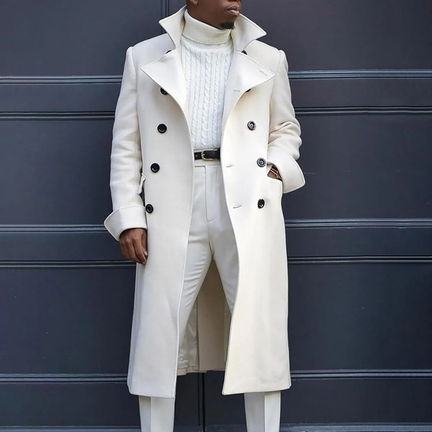 Trench Coat Slim Fit Notch Lapel Woolen Double Breasted Extended Coat Long Trench Coat Casual Blend Trench Coat