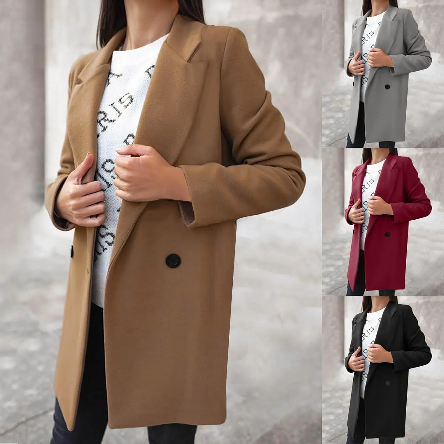 Trench Coats for Women Elegant Single Breasted Work Office Jackets Notched Collar Mid Winter Wool Pea Coat