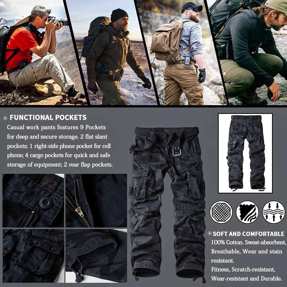 TRGPSG Cargo Pants for Men, Cotton Camo Casual Pants, Relaxed Fit Work Pants with Multi-Pocket