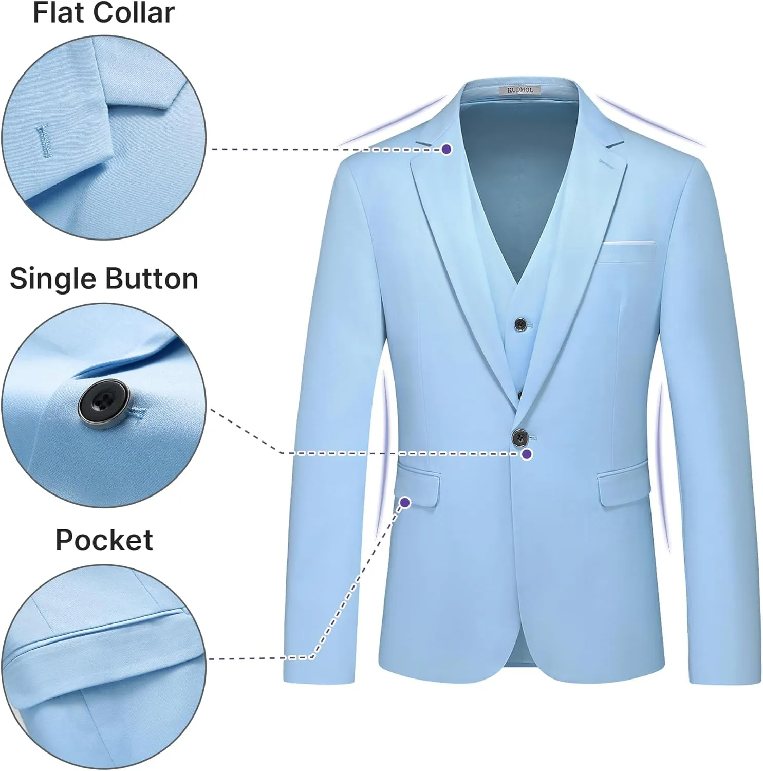 TRONSTORE Men's 3 Piece Suits Slim Fit One Button Solid Tuxedo Jacket Vest Pants Business