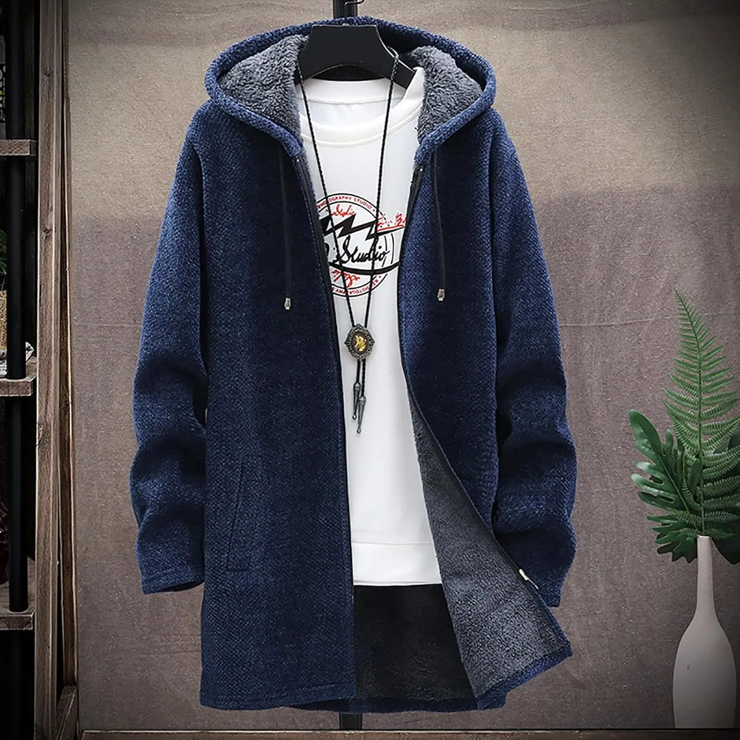 tuduoms Men's Zip Up Hooded Fleece Long Cardigan Sweater Winter Fashion Warm Sherpa Lined Jacket Coat Hoodies with Pockets