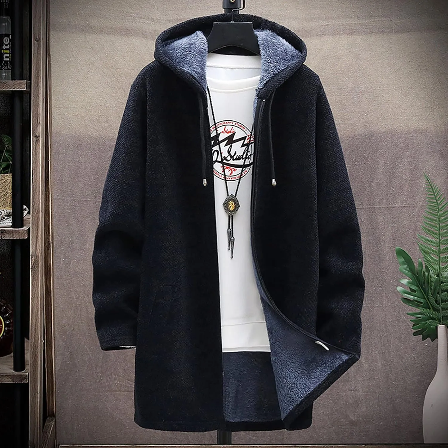 tuduoms Men's Zip Up Hooded Fleece Long Cardigan Sweater Winter Fashion Warm Sherpa Lined Jacket Coat Hoodies with Pockets