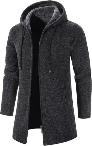 tuduoms Men's Zip Up Hooded Fleece Long Cardigan Sweater Winter Fashion Warm Sherpa Lined Jacket Coat Hoodies with Pockets