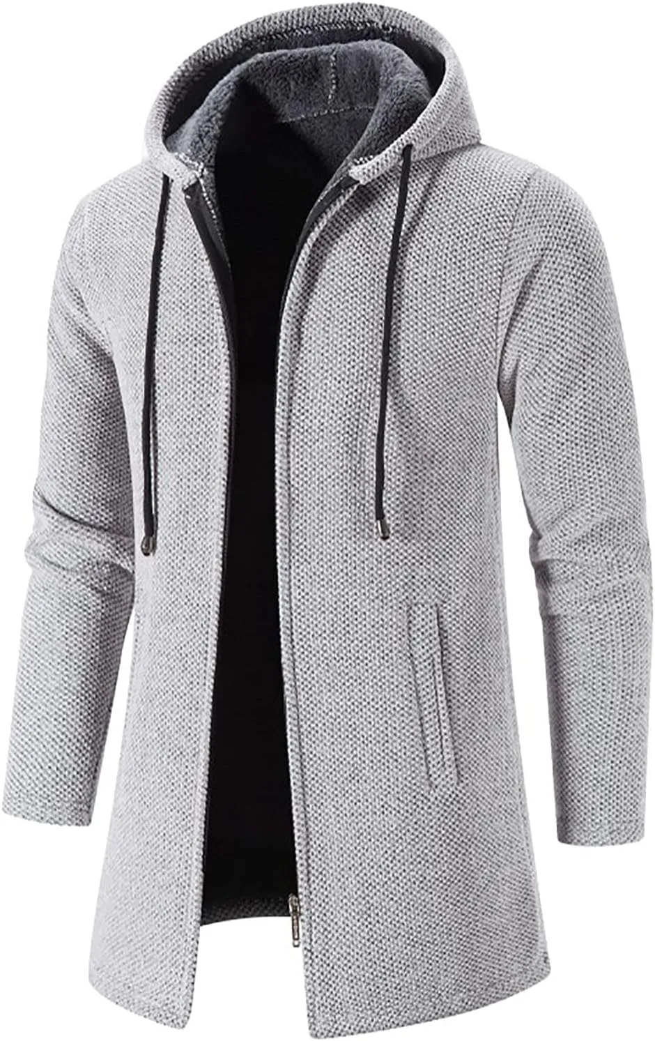 tuduoms Men's Zip Up Hooded Fleece Long Cardigan Sweater Winter Fashion Warm Sherpa Lined Jacket Coat Hoodies with Pockets